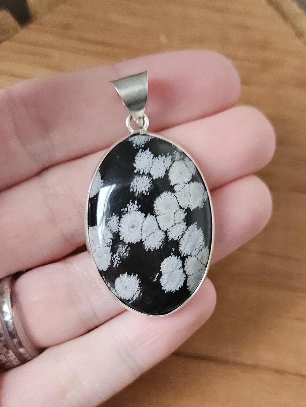 Sterling Silver Snowflake Obsidian Oval Pendant - Black and Gray